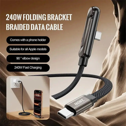 2 in 1 Charging Cable Type C with Invisible Foldable Stand – 240W Fast Charging Cable, Nylon Braided Type-C to Type-C, 360° Hidden Phone Holder, Charging Cable with Stand for Phones, Tablets & Laptops