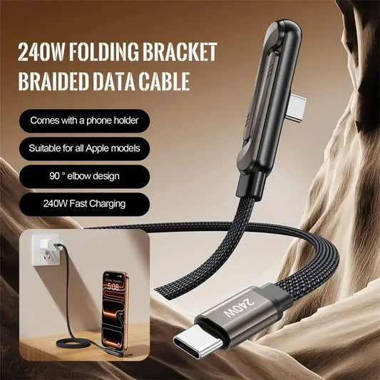2 in 1 Charging Cable Type C with Invisible Foldable Stand – 240W Fast Charging Cable, Nylon Braided Type-C to Type-C, 360° Hidden Phone Holder, Charging Cable with Stand for Phones, Tablets & Laptops