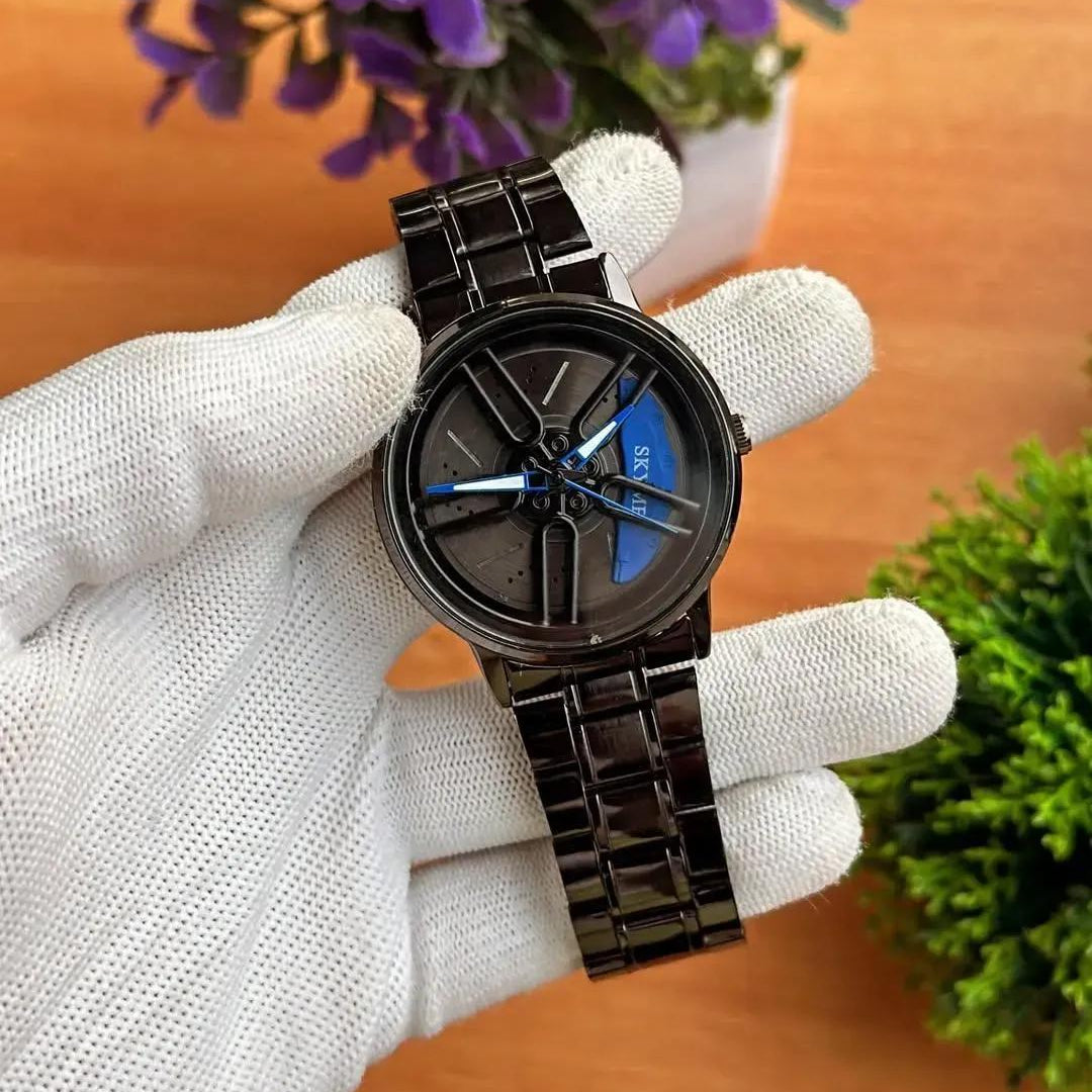 Men's Stainless Steel Spinning Watch Blue Dial Black Strap 30mm