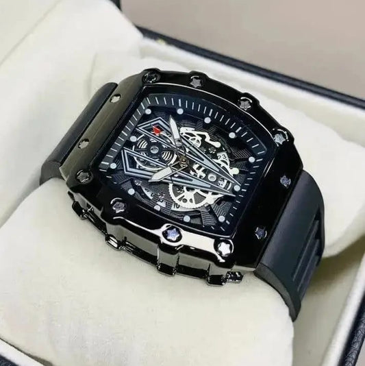 Richard Black Belt Skeleton Watch Black Rubber Strap