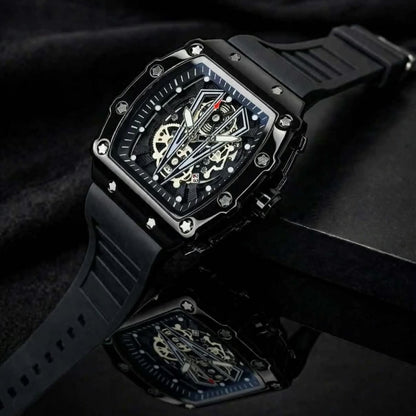 Richard Black Belt Skeleton Watch Black Rubber Strap