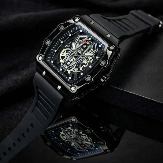 Richard Black Belt Skeleton Watch Black Rubber Strap